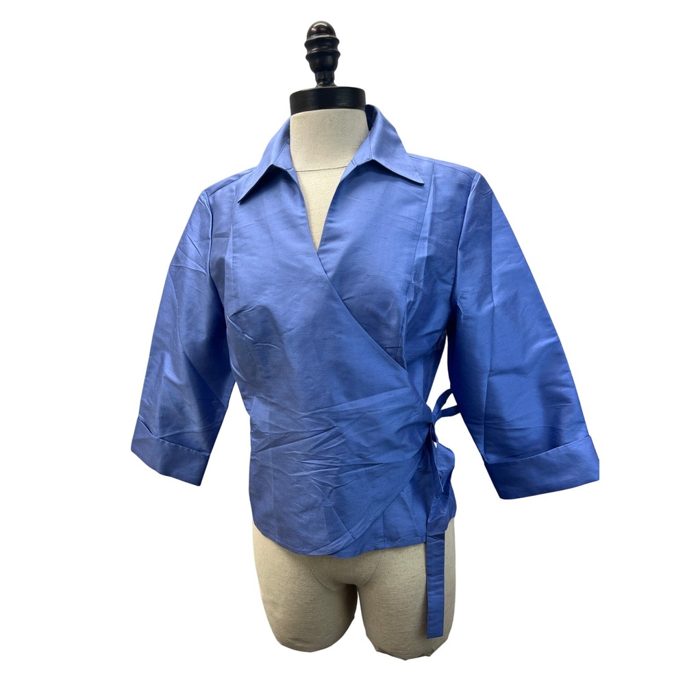 Kate Hill Wrap Top Women 6 Blue NWT 100% Silk 3/4 Sleeve Collared Blouse 93082